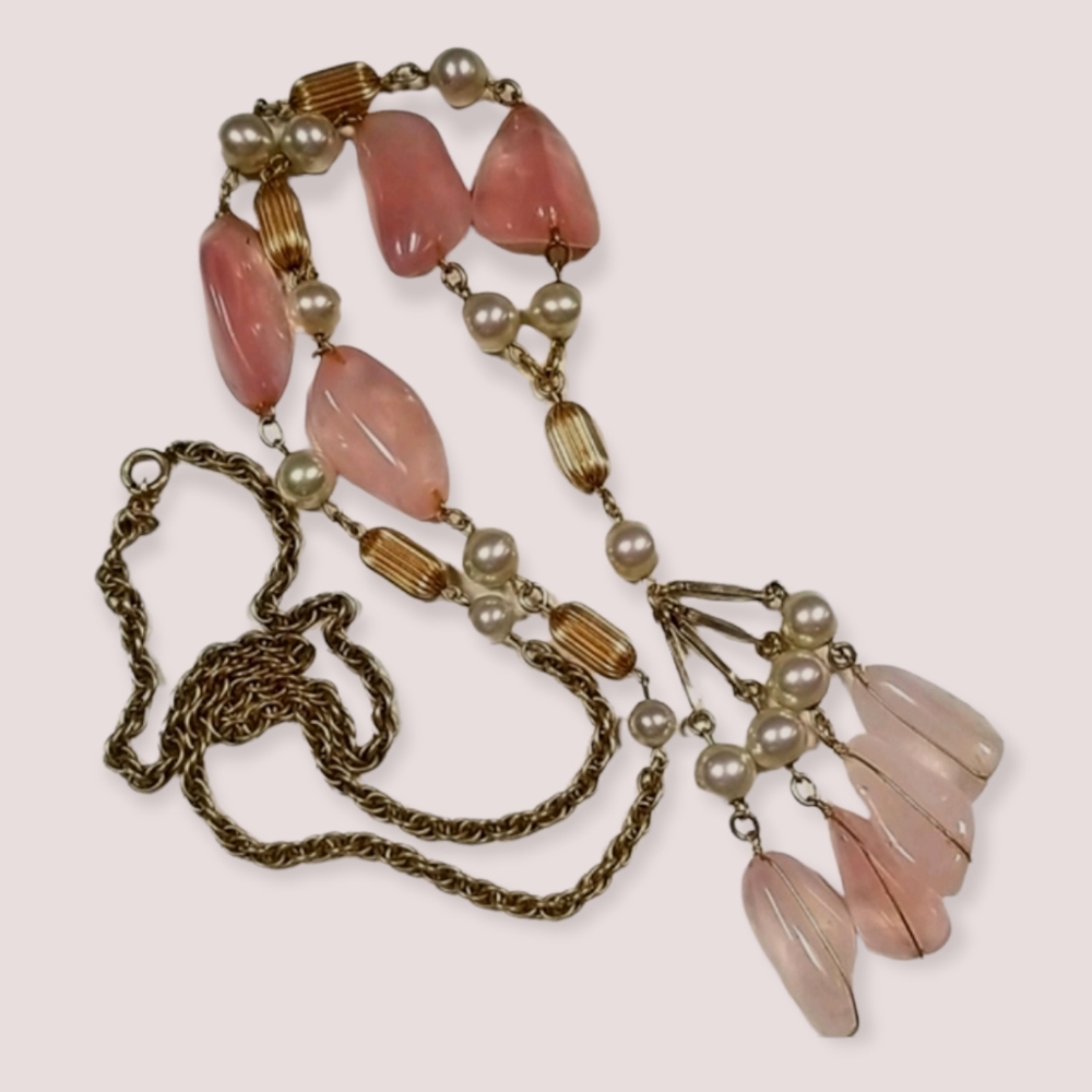 Vintage 12K Gold Filled Pink Quartz Majorca Pearl Necklace - Picture 2 of 11